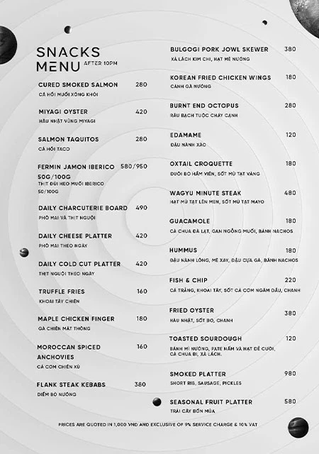 Zion Sky Lounge & Dining — Snacks Menu after 10PM, ẩm thực rooftop signature